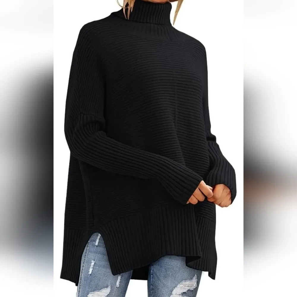 EFAN Trendy Oversized Turtleneck Sweater for Women Long Knitted Cozy Pullover S